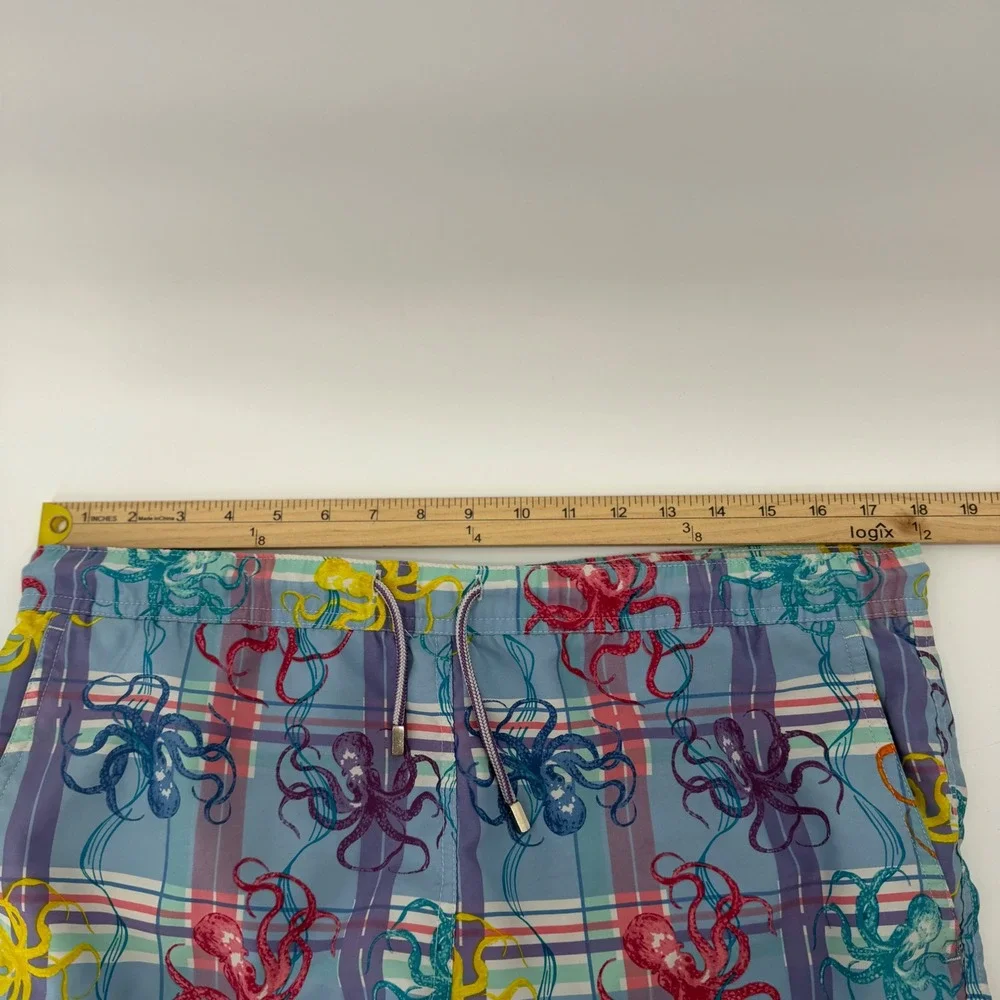 Peter Millar Swim Trunks Mens Small Blue Plaid Octopus Print Mesh Lined Shorts‎